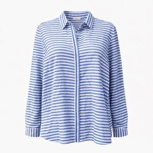 LOFT Blue White Striped Button Down Shirt XL 100% Cotton Classic Work Blouse